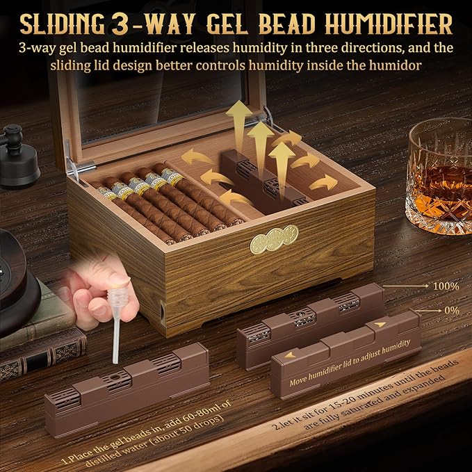 Cigar Humidor, Glass Top Desktop Cigars Case with Digital Hygrometer, Humidifier, Cigar Accessories Drawer and Measuring Scale, Cigars Humidors Box for Men Gift - Image 6