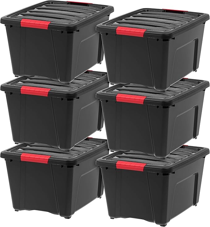 IRIS USA 32 Qt Stackable Plastic Storage Bins with Lids, 6 Pack - BPA-Free, Made in USA - Garage Organizing Solution, Latches, Durable Nestable Containers, Secure Pull Handle - Black by IRISUSA