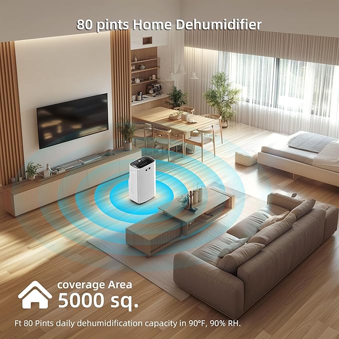5000 Sq.Ft Dehumidifier for Basement with Drain Hose, 80 Pint Dehumidifiers for Home with Large 6.5L Water Tank,24H Timer,Child Lock,Defrost,Silent,4 Modes Operation Auto Shut-off - Image 6