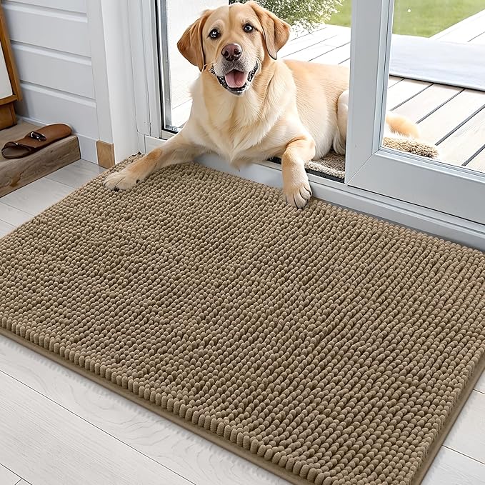 OLANLY Dog Door Mat for Muddy Paws 35x24, Absorbs Moisture and Dirt, Absorbent Non-Slip Washable Doormat, Quick Dry Chenille Mud Mat for Dogs, Entry Indoor Entryway Carpet for Inside Floor, Tan by OLANLY