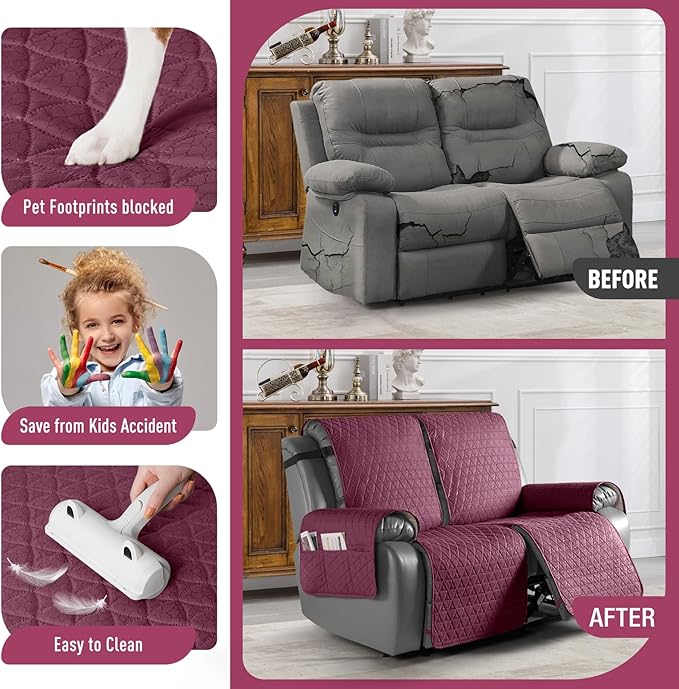 TAOCOCO 100% Waterproof Recliner Cover, Non-Slip Washable Reclining Couch Cover with Elastic Leg Straps, Furniture Protector for Dogs (Wine, 2 Seater) - Image 2
