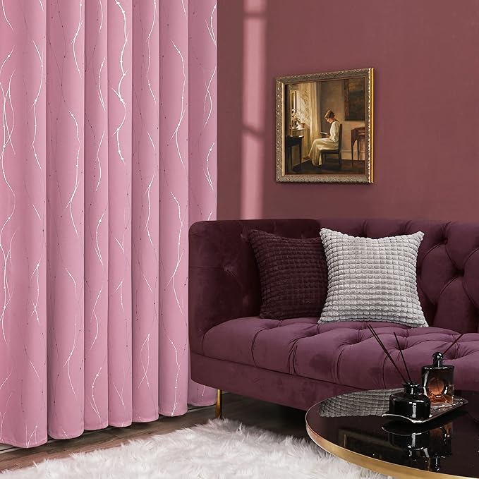 Deconovo Short Blackout Curtain, Pink Curtain, Thermal Insulated Soundproof Grommet Drapes, Wave Line Dot Foil Print, 38 x 54 Inch, 2 Panels, Machine‑Washable Window Panel for Small Windows Kitchne - Image 5