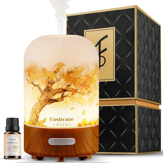Essential Oil Diffuser Hand Blown Glass, 100ml Small Aromatherapy Diffuser, Auto Shut-Off Function, Ultrasonic Diffusers for Essential Oils, Cool Mist Humidifier with Warm White Lights(Frankincense) by Fashome