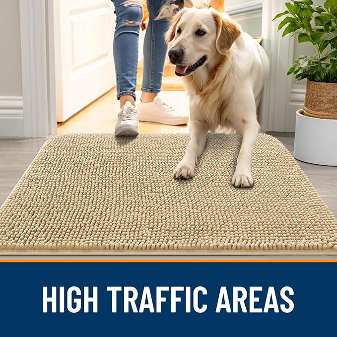 OLANLY Dog Door Mat for Muddy Paws 35x24, Absorbs Moisture and Dirt, Absorbent Non-Slip Washable Doormat, Quick Dry Chenille Mud Mat for Dogs, Entry Indoor Entryway Carpet for Inside Floor, Beige - Image 6