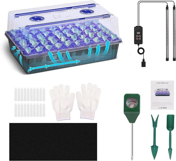 Indoor Seed Starting Kit with 60-Cell Self-Watering Tray, LED Grow Light, Timer, Humidity Dome, pH Meter for Plant Germination, Vegetables, Herbs, Flowers by Terronix