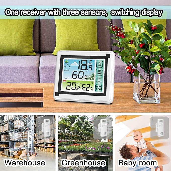 Indoor Outdoor Thermometer Hygrometer Wireless Remote Weather Stations, Humidity Monitor Battery Powered Digital Temperature Gauge with 60m/200ft Range Remote Sensor and Adjustable Backlight - Image 6