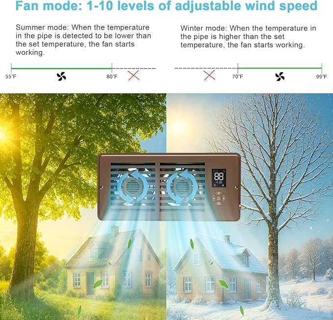 Register Booster Fan for 4" x 12" Vents Only, 10 Speeds to Control Cool and Warm Airflow, Air Conditioning Vents with LED Screen Remote & Thermostat Control, for Room Walls & Floors (Brown) - Image 5