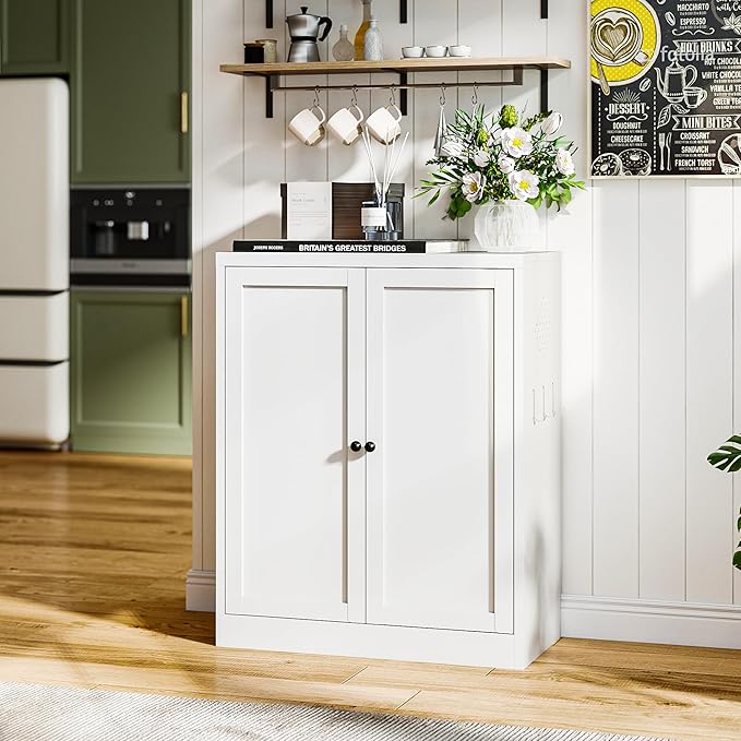 Metal Pantry Cabinet with 2 Adjustable Shelves, Small Kitchen Cupboard Storage Cabinet for Dining Room Living Room Bathroom Office(White) by EKJOfficials