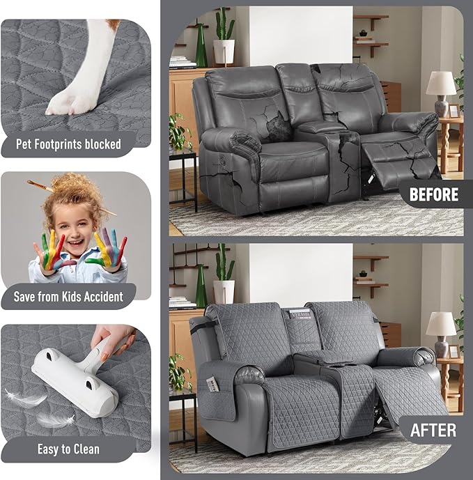 TAOCOCO 100% Waterproof Loveseat Recliner Cover with Console, Non-Slip Washable Reclining Couch Cover for 2 Seats, Furniture Protector for Dogs, Slate Gray - Image 5