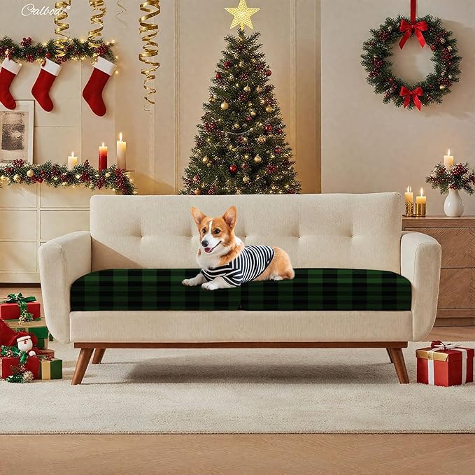 8Pcs High Elastic Sofa Seat Cushion Cover for Christmas, Reusable Print Green Checked Stretch Couch Cushion Slipcover for Outdoor Furniture Protector Replacement,Soft & Comfortable for Winter - Image 4