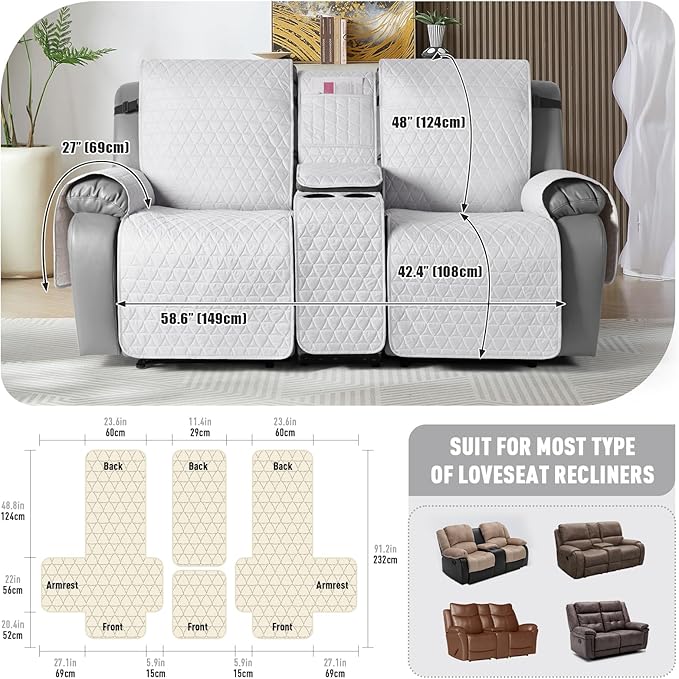TAOCOCO 100% Waterproof Loveseat Recliner Couch Sofa Covers with Console,Double Reclining Couch Cover Non-Slip Sofa Slipcovers Washable,Furniture Protector Covers for Kids,Pets(2 Seater,Off White) - Image 3