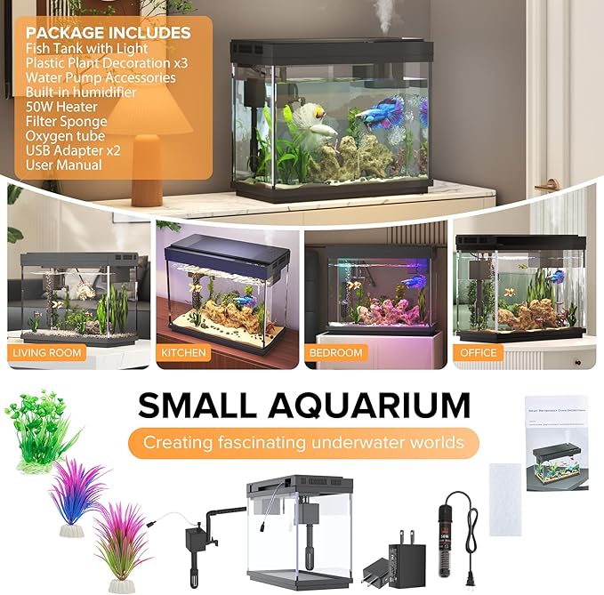 Fish Tank 2.4 Gallon Aquarium with Heater, 3-in-1 Silent Pump with Filteration & Oxygenation & Circulation, 7-Color Timer Cycle Light, Temperature Display, Humidifier, HD Glass Fish Bowl - Image 8