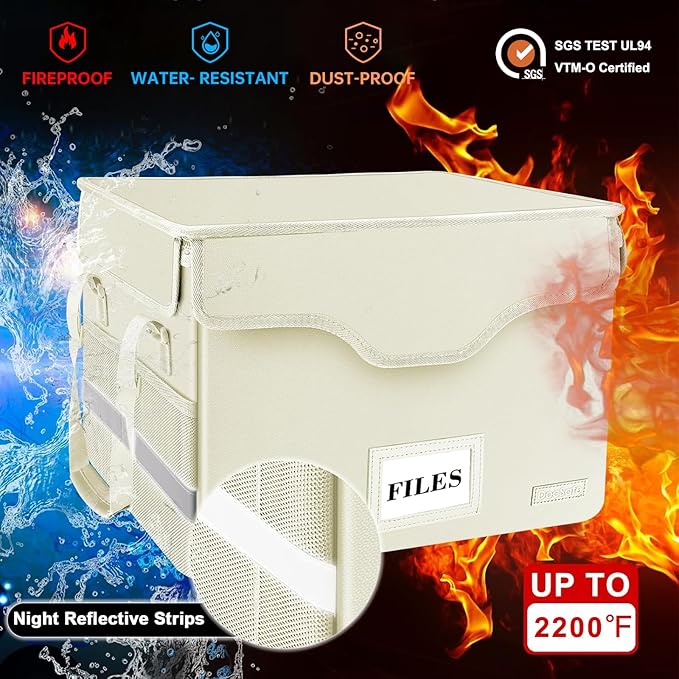 DocSafe Fireproof Document Box with Lock,File Storage Organizer with Zipper Pockets,Collapsible Portable File Box Home Office Safe Filing Cabinet with Handle for Hanging Letter/Legal Folders,Beige - Image 3