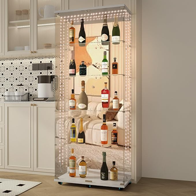 Yoluckea 5-Tier Glass Display Cabinet with Bluetooth LED Light Strip, 2-Door Floor Standing Curio Cabinet with Universal Wheel and Mirror Back Panel, White Glass Bookshelf for Collections, Wood Top - Image 5