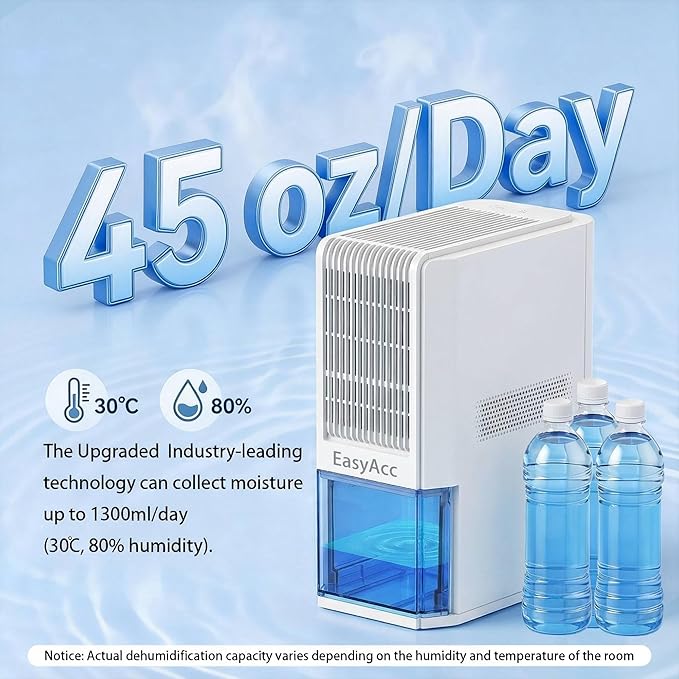 Max 45 oz/Day Dehumidifier for Home 1100 Sq Ft, EasyAcc Dehumidifiers for Bedroom Basement Bathroom,Quiet Dehumidifier for RV Low-Temp Dehumidification Tech/Auto Shut Off/68OZ Tank/85W/7 LED - Image 2