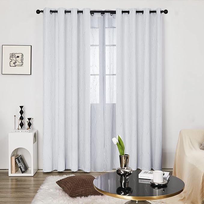 Deconovo Greyish White Curtains, Light Darkening Curtain, Thermal Insulated Noise Reducing Drapes, Silver Print, 52 x 95 Inch Long, Grommet Window Panels for Living Room Bedroom Patio Door, Set of 2 - Image 2