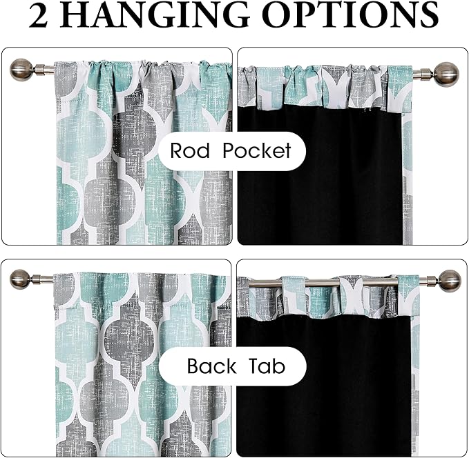 Beauoop 100% Blackout Curtains 84 Inches Long 2 Panels for Bedroom Living Room Aqua Grey Moroccan Geo Room Darkening Thermal Insulated Soundproof Rod Pocket Back Tab Window Treatments Drapes, 50x84 - Image 2