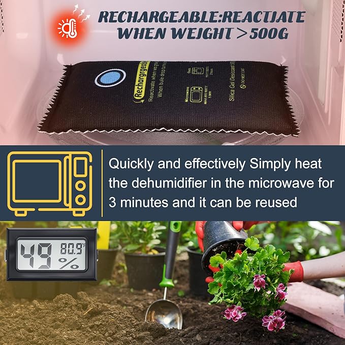 8 Pcs 500 Grams Rechargeable Silica Gel Desiccant Packets with Mini Digital LCD Hygrometer Thermometers Dehumidifier Bag for Gun Safe Closet Basement Car Storage Clothes Moisture Absorber - Image 6
