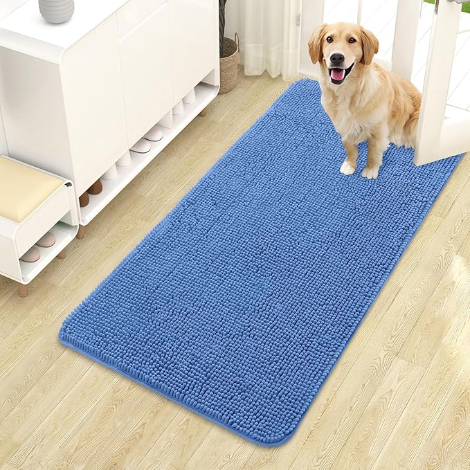 OLANLY Dog Door Mat for Muddy Paws 44x24, Absorbs Moisture and Dirt, Absorbent Non-Slip Washable Doormat, Quick Dry Chenille Mud Mat, Entry Indoor Entryway Carpet for Inside Floor, Cornflower Blue by OLANLY