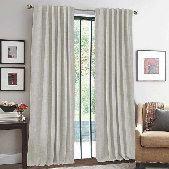 RYB HOME 100% Blackout Cream Curtains, Linen Texture Thermal Insulated Drapes for Bedroom/Living Room/Office/Nuesery, Privacy Farmhouse Full Blackout Window Treatment, W52xL96 Inch Long, 2 Panels - Image 2