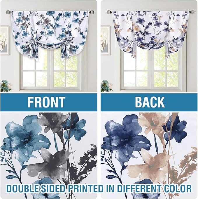 H.VERSAILTEX Tie Up Curtain Double Sided Cattleya Floral Printed Window Valance Balloon Roman Curtain, Rod Pocket,Reversible in Blue/Navy，W 42 x L 36 - Image 3