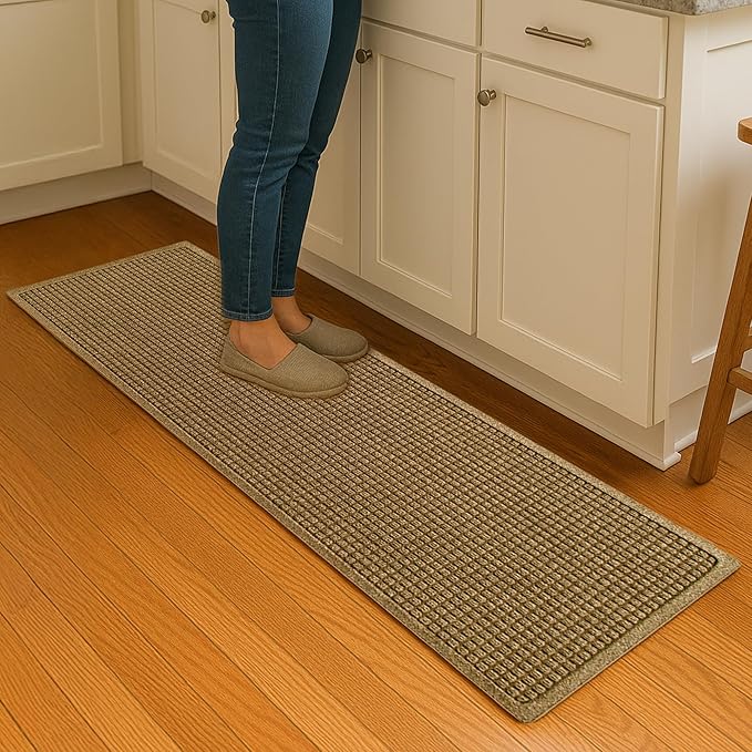 WaterHog Squares Front Door Mat Indoor Outdoor Entrance, Absorbent All-Weather Doormat with Non-Slip Rubber Backing, Dirt & Moisture Trapper, Low Profile, Easy Clean, Made in USA, 22"x60" Camel - Image 2