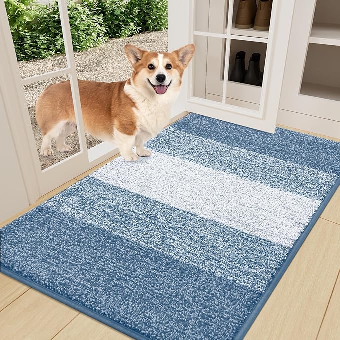 Smiry Dog Door Mat for Muddy Paws, Absorbs Moisture and Dirt, Low-Profile Entryway Mat with Non-Slip Backing, Entry Indoor Outdoor Doormat for Inside Floor (36x24 Inches, Light Blue, Striped) by Smiry