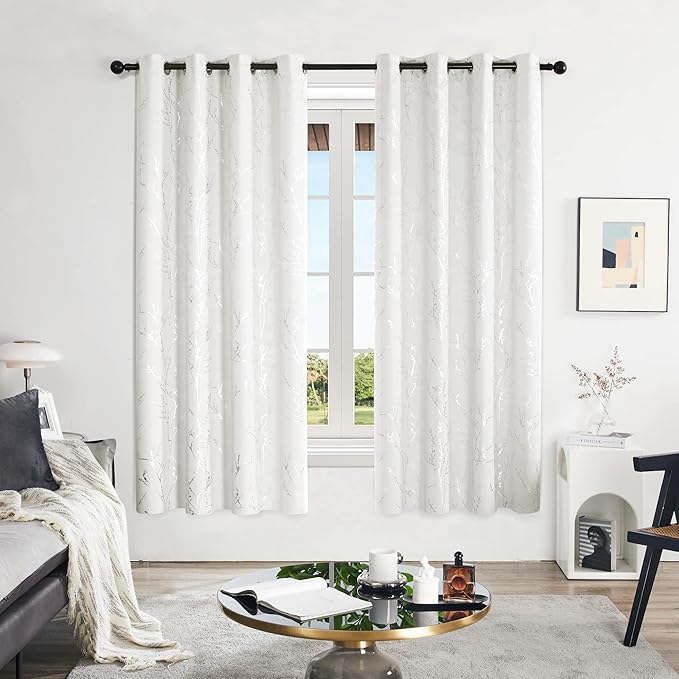 Deconovo White Curtains, Room Darkening Curtain, Thermal Insulated Noise Reducing Drapes, Silver Print, 52 x 72 Inch Long, Grommet Top, Window Panels for Living Room Bedroom Nursery Office, Set of 2 - Image 2