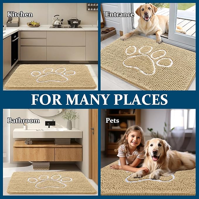 OLANLY Dog Door Mat for Muddy Paws 59x20, Paw Print Design, Absorbs Moisture and Dirt, Absorbent Non-Slip Washable Doormat, Quick Dry Chenille Mud Mat for Dogs, Entry Indoor Entryway Carpet, Beige - Image 8