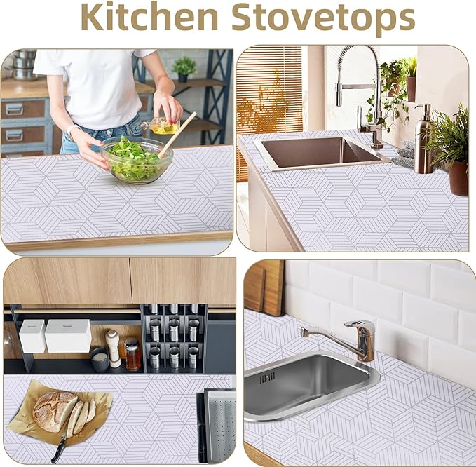 Shelf Liners for Kitchen Cabinets Non Adhesive Shelf Liner Paper Non-Slip Thickened Drawer Liner Easy to Clean for Tool Box Refrigerator with Knife and Tape Measure, Silver Geometric, 11.8 x 118 in - Image 6