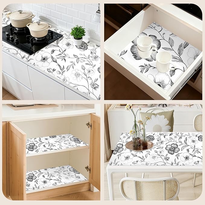 Drawer and Shelf Liner Black Flowers 12in x 20FT, Non Adhesive Anti-Slip Double Layer PVC Reusable Thickened Waterproof Easy Clean for Kitchen Cabinets Refrigerator with Knife Tape Measure - Image 9