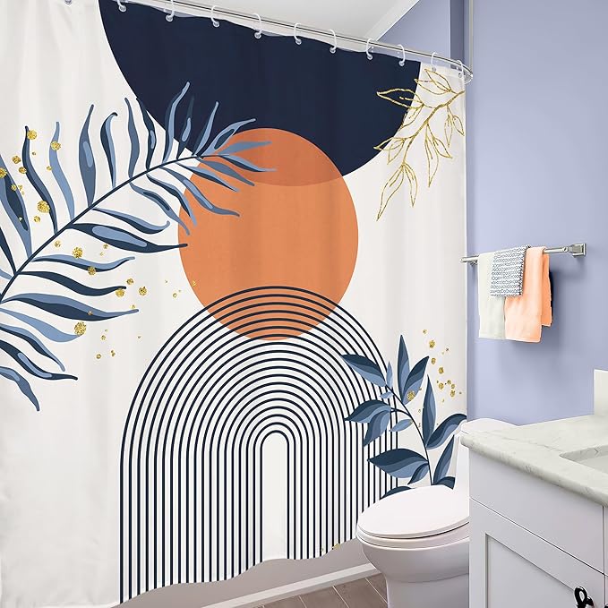 Navy Blue Boho Shower Curtain 72Wx72H Modern Abstract Bohemian Blue Gold Leaves Orange Minimalist Mid Century Plant Bathroom Decor Neutral Geometric Bath Curtain Fabric Polyester 12 Pack Hooks - Image 4