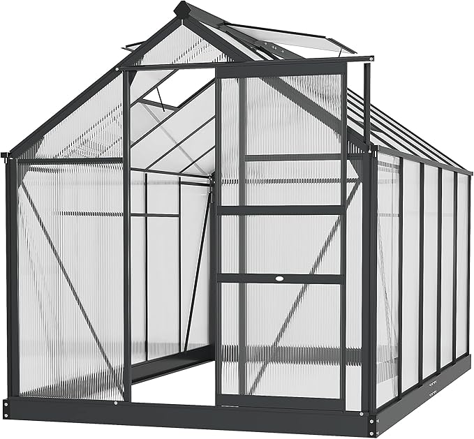 Outsunny 6' x 10' Greenhouse for Outdoors, Polycarbonate Greenhouse with Rain Gutter and Roof Vent, Aluminum Walk-in Green Houses for Outside for Patio Backyard Garden, Gray by Outsunny