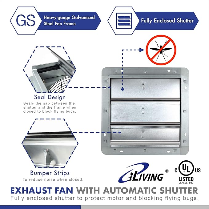 iLiving 12" Shutter Exhaust Fan with Wireless Smart Remote Controlled Thermostat and Humidity, Variable Speed Wall Mounted Attic Vent Fan, Chicken Coop Ventilation, 960 CFM, 1400 SQF Coverage Area - Image 6