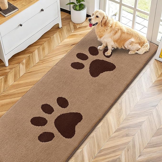 Smiry Dog Door Mat for Muddy Paws, Absorbs Moisture and Dirt, Low-Profile Entryway Mat with Non-Slip Backing, Entry Indoor Outdoor Doormat for Inside Floor (70x24 Inches, Beige, Paw) by Smiry