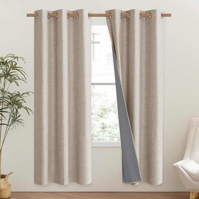 NICETOWN Oatmeal Vintage Open Linen Weave Flax Thermal Curtains, 100% Blackout Curtains 72" Long for Dining Room, Soundproof Window Treatment Drapes for Gym Room, 42" Wide Per Panel, Set of 2 - Image 2