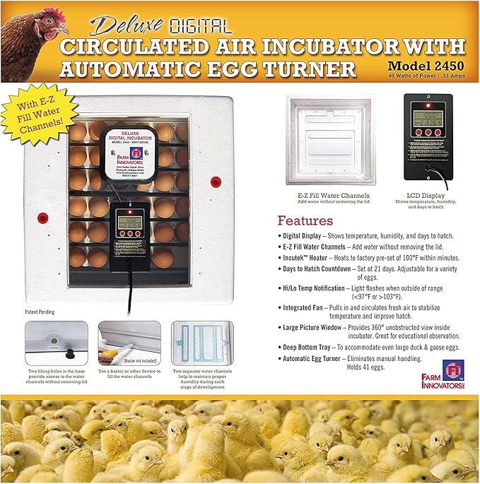 Farm Innovators 2450 Heated Digital Circulated Air Incubator with Automatic Egg Turner for Improved Egg Hatching of Up To 41 Eggs, White (4 Pack) - Image 7