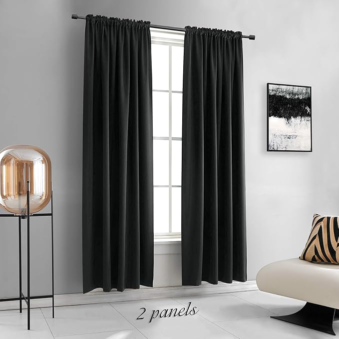 DONREN 99% Blackout Curtain Panels - Light Reducing Thermal Insulated Solid Blackout Curtains/Panels/Drapes for Living Room (Set of 2, 60 inches by 84 Inch, Black) - Image 2