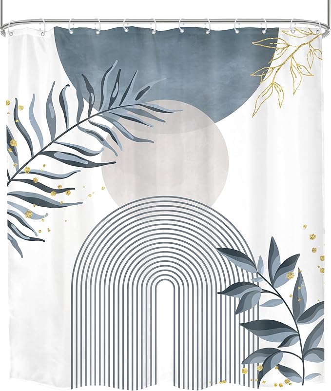 Blue Gray Boho Shower Curtain 60Wx72H Abstract Grey Bohemian Modern Leaves Mid Century Minimalist Plant Bathroom Decor Contemporary Simple Neutral Bath Curtain Fabric Polyester 12 Pack Hooks - Image 8