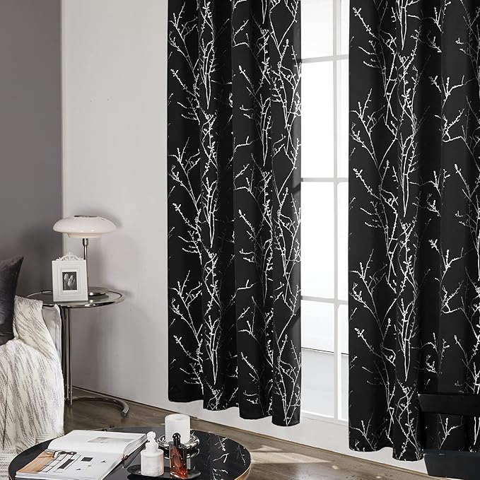 Deconovo Black Blackout Curtains, Thermal Insulated Soundproof Privacy Curtain Drapes, Branch Foil Print, 42 x 84 Inch Long, 2 Panels, Machine‑Washable Window Panel for Bedroom Living Room Office Home - Image 4