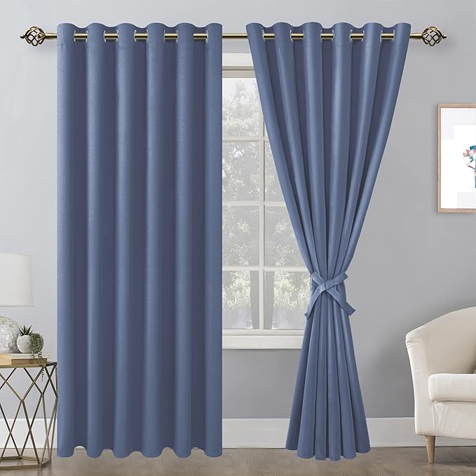 Hiasan Grommet Blackout Curtains for Bedroom, 70 x 84 Inches - Thermal Insulated & Light Blocking Window Drapes for Living Room/Dorm Room, Set of 2 Panels Sewn with Tiebacks, Blue Haze - Image 2
