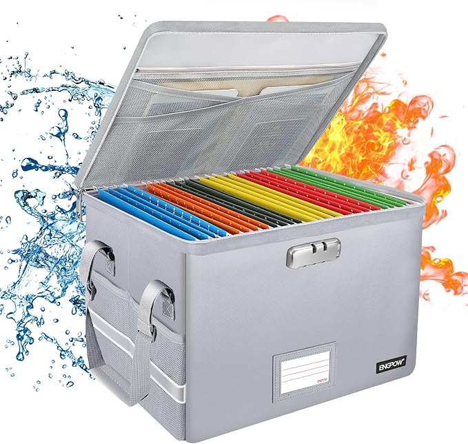 ENGPOW File Box with Lock, Fireproof Document Box with Zipper＆Pockets, Collapsible File Organizer Filing Storage Cabinet with Handle, Portable Home Office Safe for Hanging Letter/Legal Folder,Silver by ENGPOW