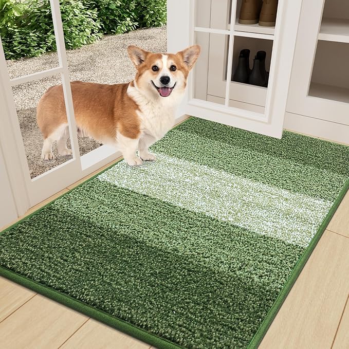 Smiry Dog Door Mat for Muddy Paws, Absorbs Moisture and Dirt, Low-Profile Entryway Mat with Non-Slip Backing, Entry Indoor Outdoor Doormat for Inside Floor (36x24 Inches, Green, Striped) by Smiry
