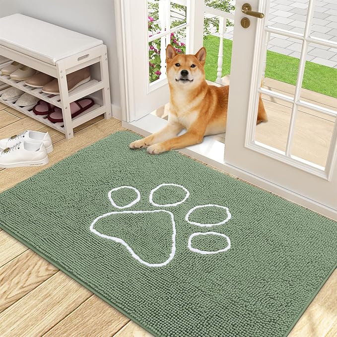 OLANLY Dog Door Mat for Muddy Paws 48x30, Paw Print Design, Absorbs Moisture and Dirt, Non-Slip Washable Doormat, Quick Dry Chenille Mud Mat, Entry Indoor Entryway Carpet, Olive Green and White by OLANLY