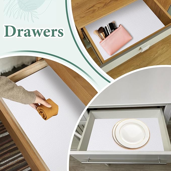 Drawer and Shelf Liner for Kitchen Cabinet: 12 in X 20 Ft Non Slip Waterproof Shelf Paper Non Adhesive Refrigerator Liners White Easy Liners for Bathroom Cupboard with Knife Tape Measure - Image 7