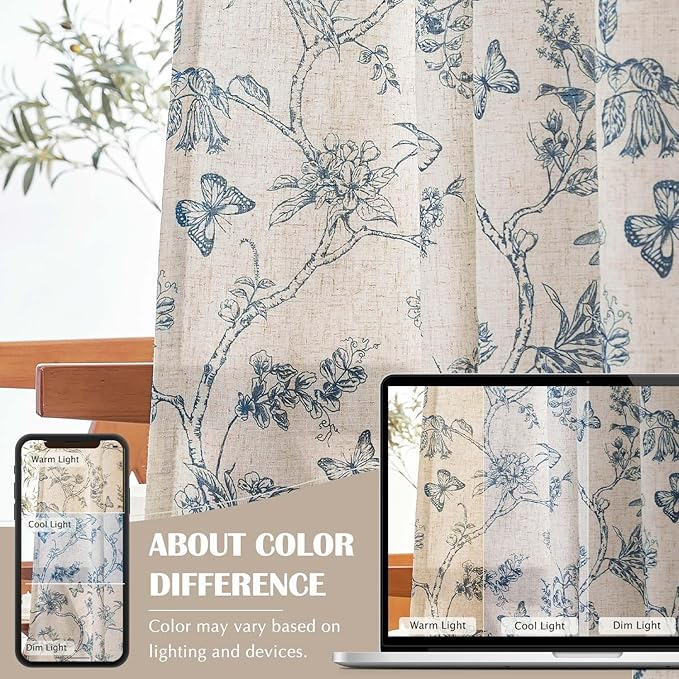 jinchan Floral Curtains Lined Linen Blend Curtain for Living Room 84 Inch Length Blue Flower Patterned Curtain French Country Farmhouse Curtains Drapes Back Tab Rod Pocket 2 Panels - Image 6