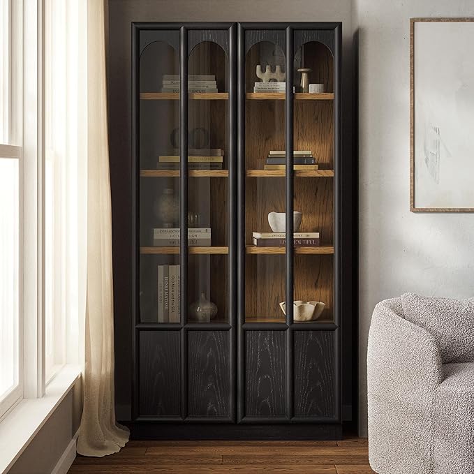 Modway Anwen 79" Wood Display Cabinet with Glass Doors in Black Oak – Modern China Cabinet with Arched Door Detail – Large Curio Cabinet for Collectibles - Image 2