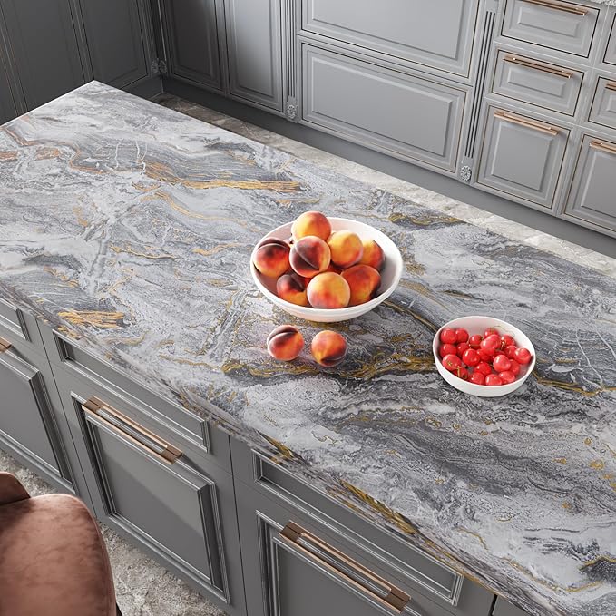 CRE8TIVE 12"x354" Gold Grey Marble Contact Paper Matte Slate Marble Wallpaper Peel and Stick Countertops Waterproof Self Adhesive Vinyl Roll for Bathroom Cabinets Sink Kitchen Counter Top Stick Paper - Image 2