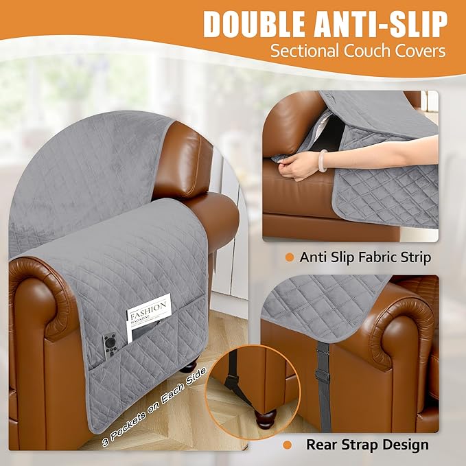 Arfntevss Waterproof Sectional Couch Covers L Shape Washable Velvet Sofa Cover for Sectional Non Slip U Shaped Corner Sofa Slipcover Sets Dog 6 Pcs Universal Furniture Protector (Silvery Gray, Small) - Image 4