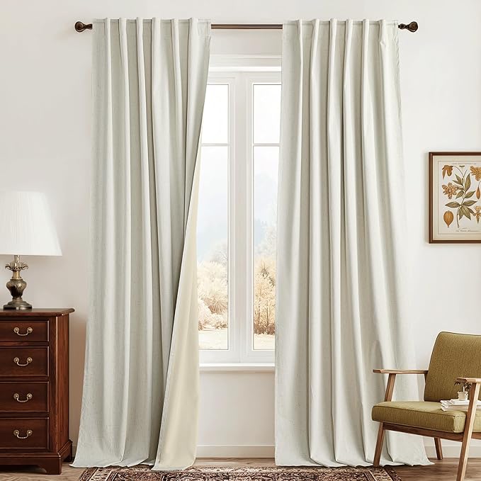 RYB HOME Cream White Linen Blackout Curtains, 100% Blackout Thermal Insulated Boho Farmhouse Window Curtain Panels for Living Room, Back Tab & Rod Pocket, 52" W x 84" L, 2 Panels Set by RYBHOME